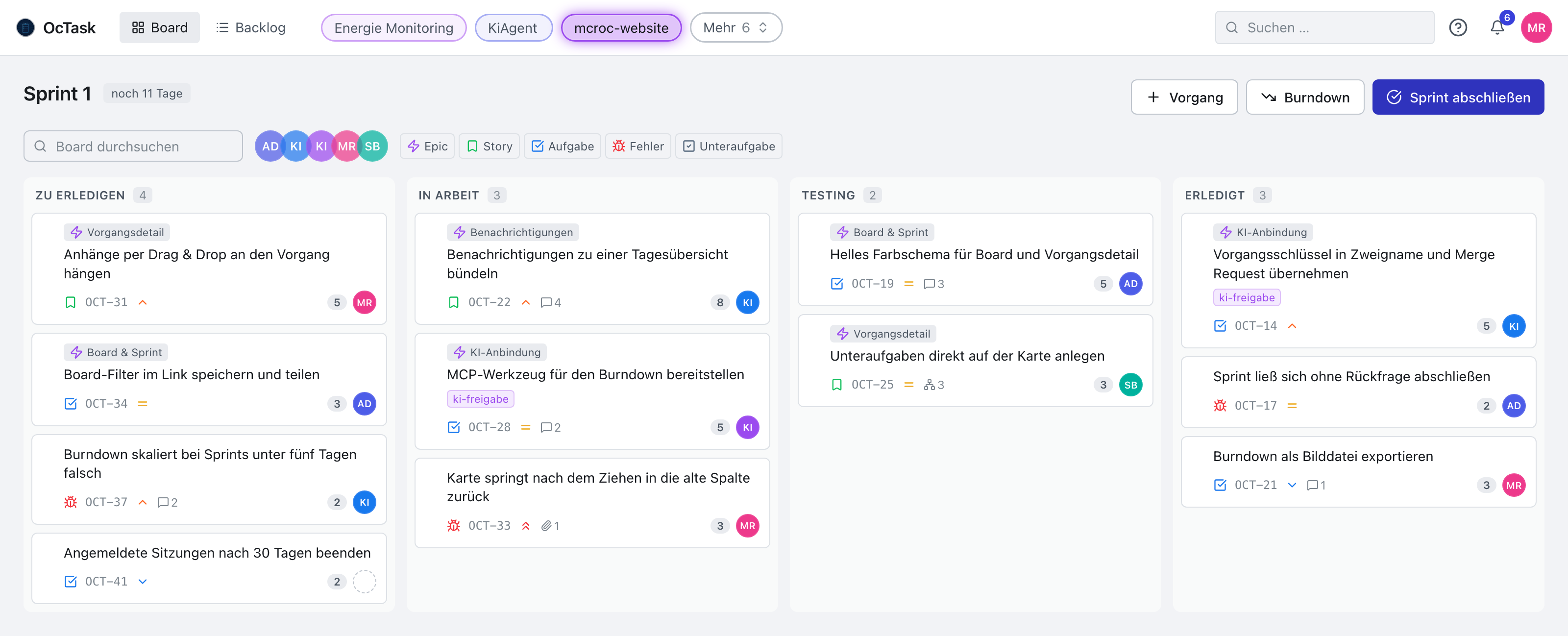 ocTask-Board: Sprint 1 mit den Spalten Zu erledigen, In Arbeit, Testing und Erledigt